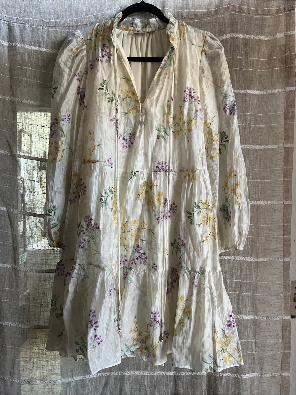 Taylor Cream Floral Tiered Peasant Dress with Purple and Yellow Blooms